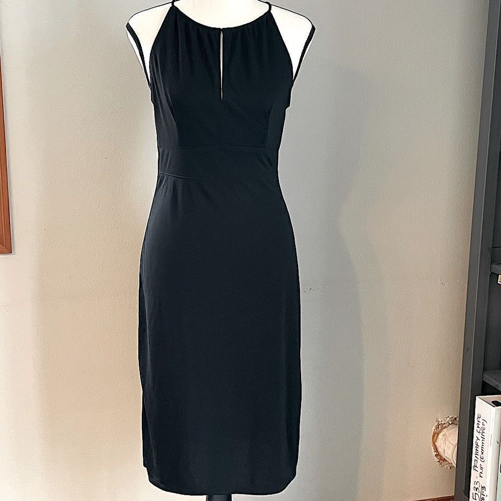 Vintage! Studio Y, Black Halter Below-The-Knee Dress Ties in Back. Fits a M (8).